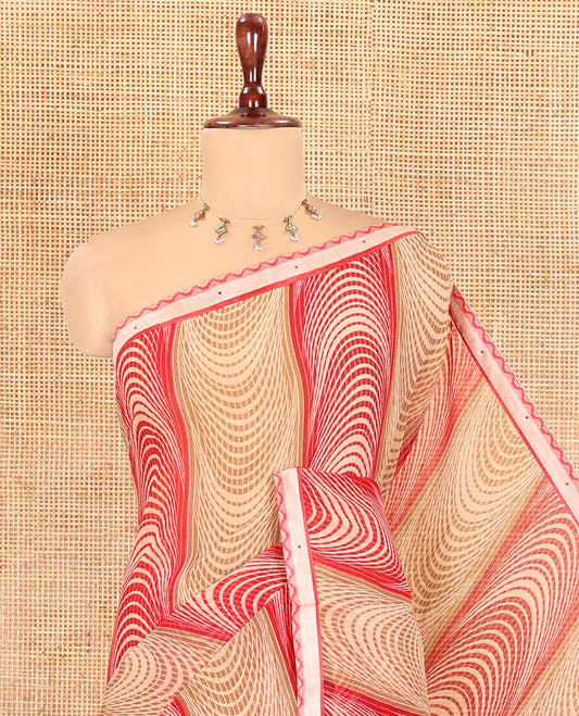 Brown-Red Chiffon Saree, Adorned with Geometric Print, a Lace Border, and a Polka-Dotted Blouse