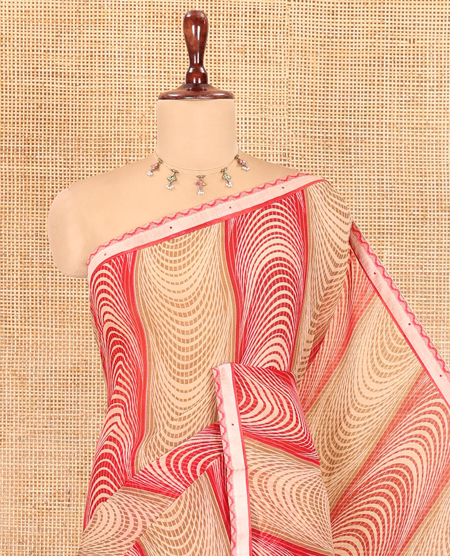 Brown-Red Chiffon Saree, Adorned with Geometric Print, a Lace Border, and a Polka-Dotted Blouse