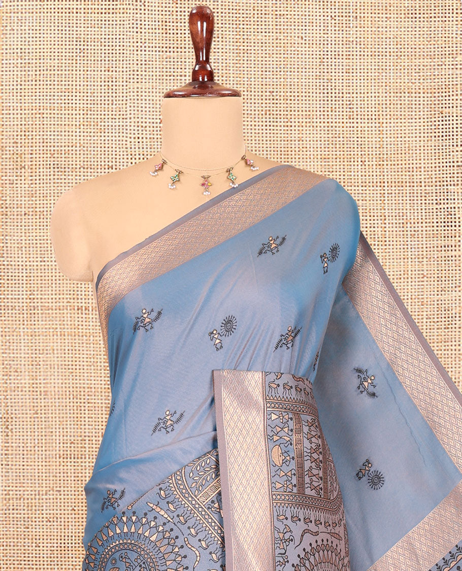 Blue Satin Silk Saree, Adorned with Warli Motif Print, Highlighted by Warli Printed Zari Border, Warli-Village Palllu, and a Matching Blouse