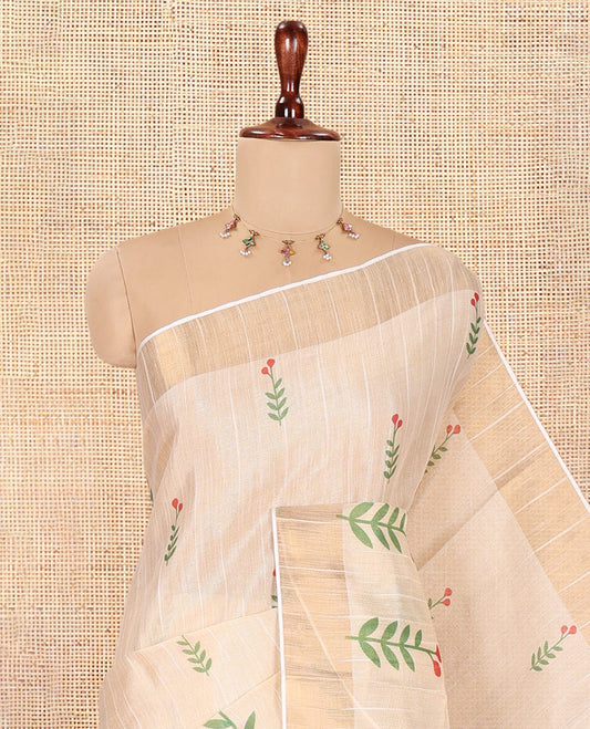 Cream-Red Tissue Linen Cotton Saree Features Floral Buttas, a Zari Border, Floral Pallu, Matching Blouse