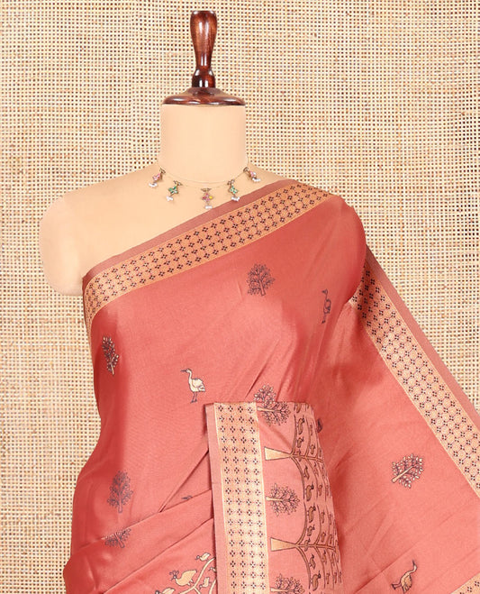Rust Satin Silk Saree, Adorned with Flora-Fauna Buttas, Tree-Bird Border, Intricate Pallu, Matching Blouse