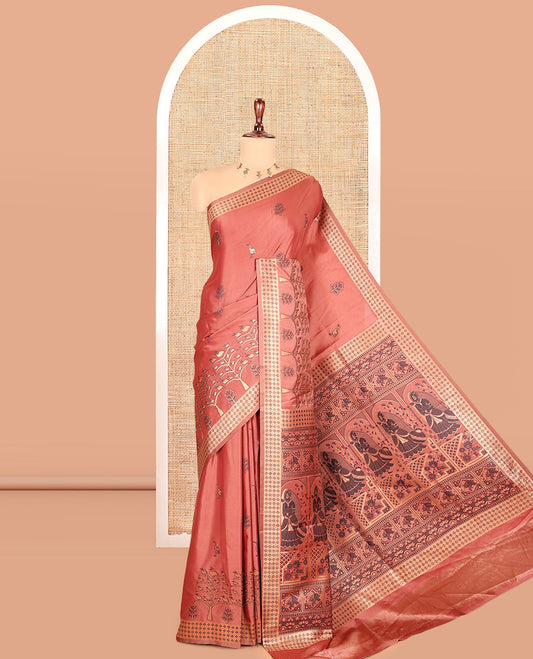 Rust Satin Silk Saree, Adorned with Flora-Fauna Buttas, Tree-Bird Border, Intricate Pallu, Matching Blouse