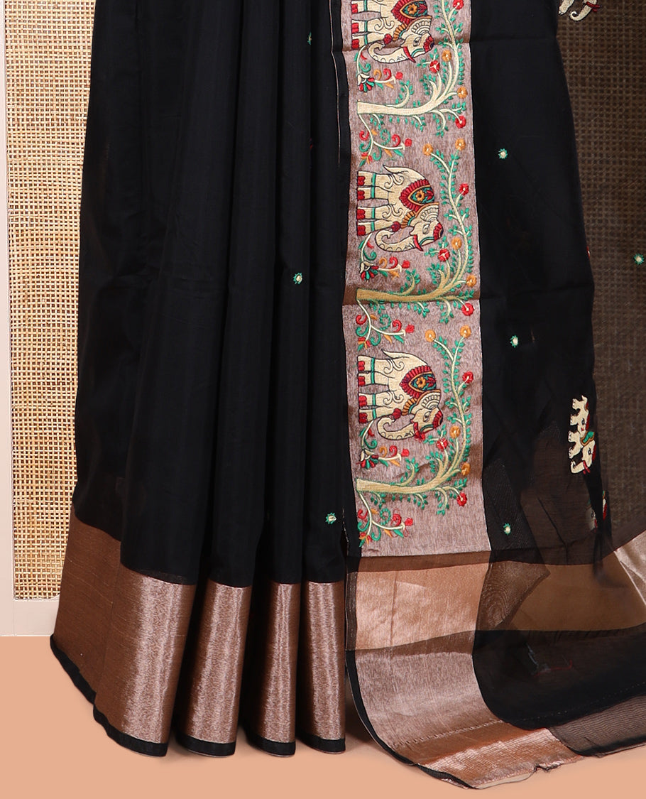 Black Chanderi Cotton Saree Features Elephant Buttas and Mirror Work, an Elephant Border, Matching Blouse