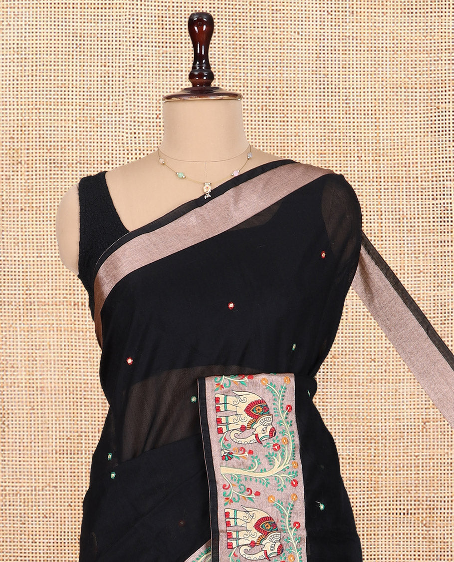 Black Chanderi Cotton Saree Features Elephant Buttas and Mirror Work, an Elephant Border, Matching Blouse