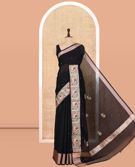 Black Chanderi Cotton Saree Features Elephant Buttas and Mirror Work, an Elephant Border, Matching Blouse