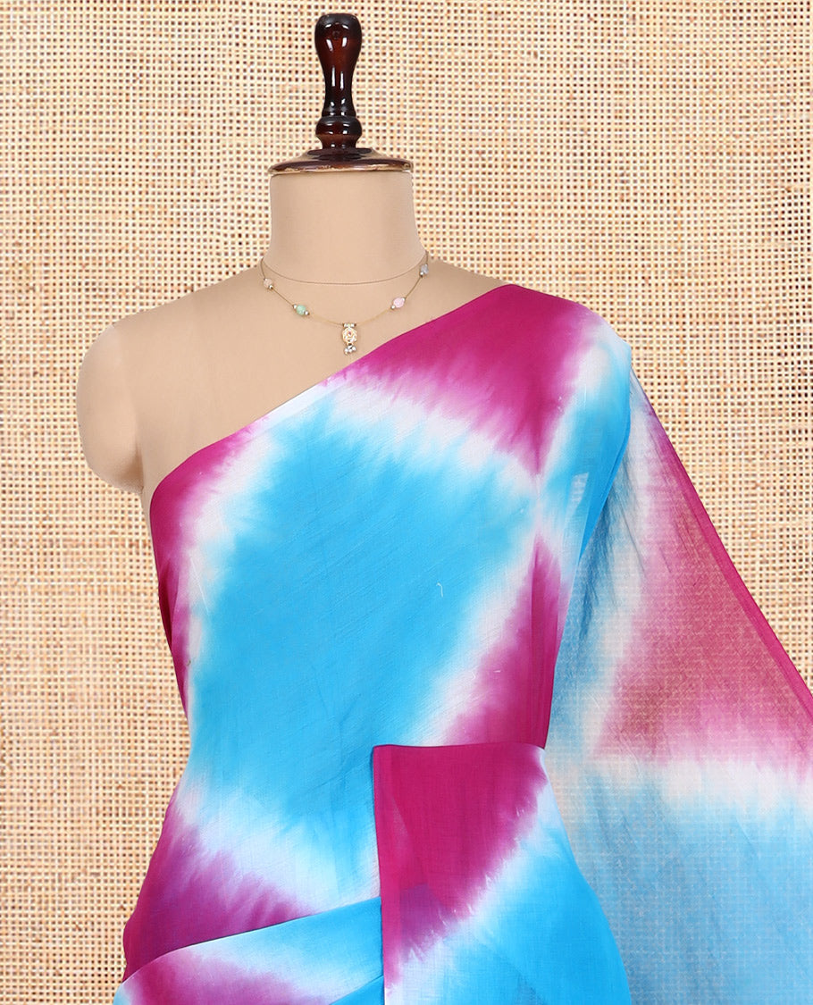 Borderless Blue-Pink Diamond Shibori Printed Khadi Mul Cotton Saree, and No Blouse