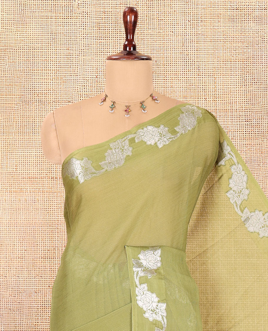 Green Wrinkle Chiffon Saree, Highlighted by Floral Creeper Border, and No Blouse