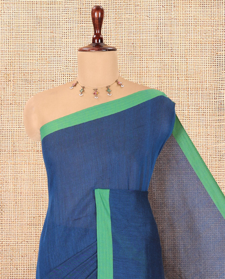 Royal Blue Plain Khadi Cotton Saree, a Contrast Border, a Self-Pallu, and No Blouse