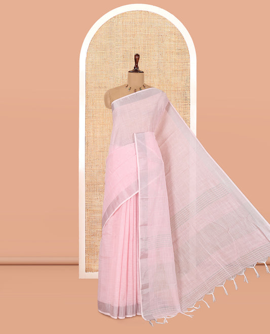 Baby Pink Plain Linen-Cotton Saree, a Zari Border, Striped Pallu, and a Matching Blouse