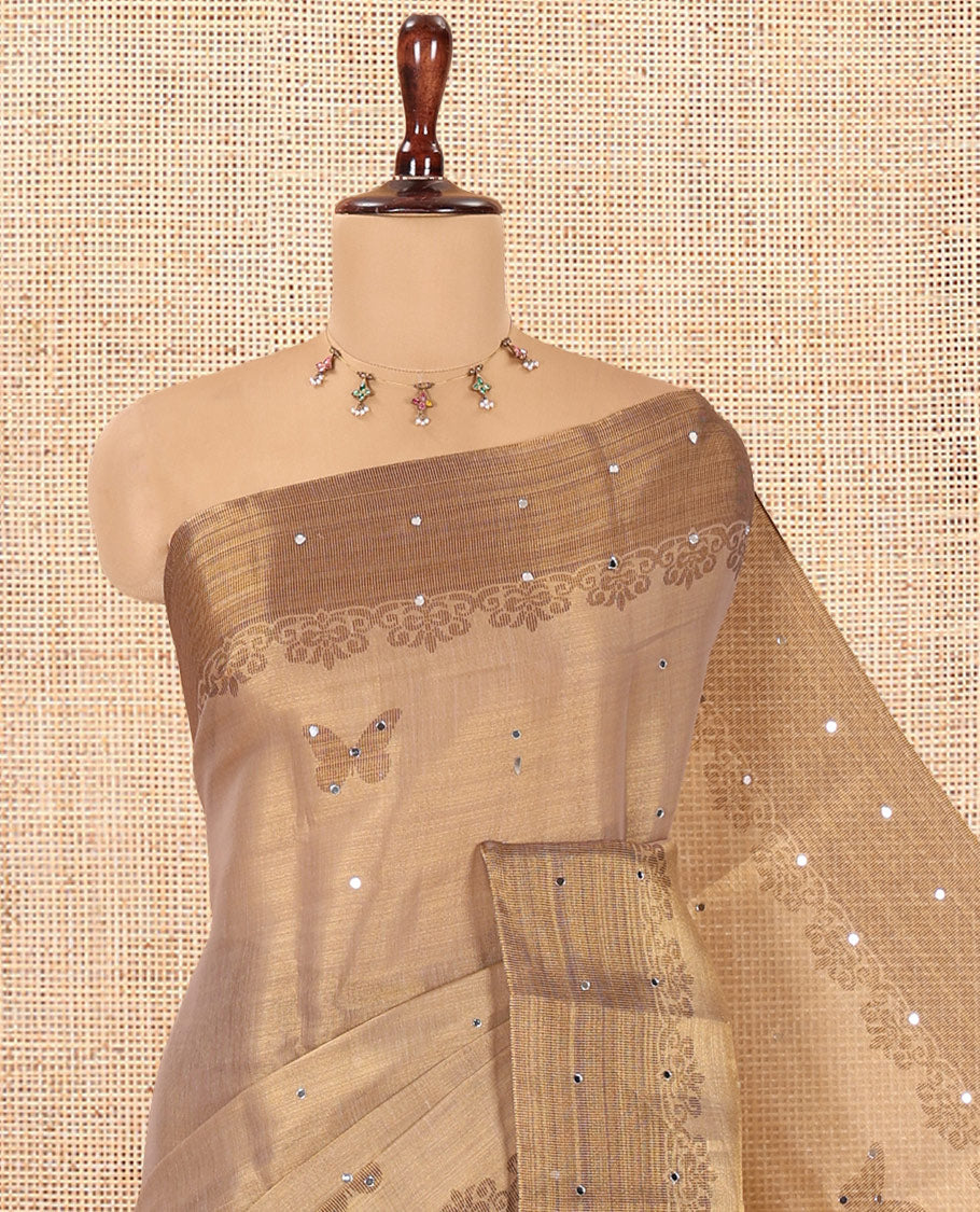 Golden Brown Tissue Saree Features Butterfly Print and Mirror Work, a Contrast Border, and a Contrast Blouse