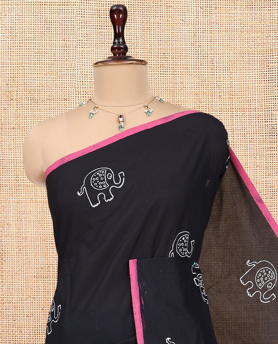 Borderless Black South Cotton Saree, Adorned with Elephant Motifs, a Contrast Block Printed Blouse