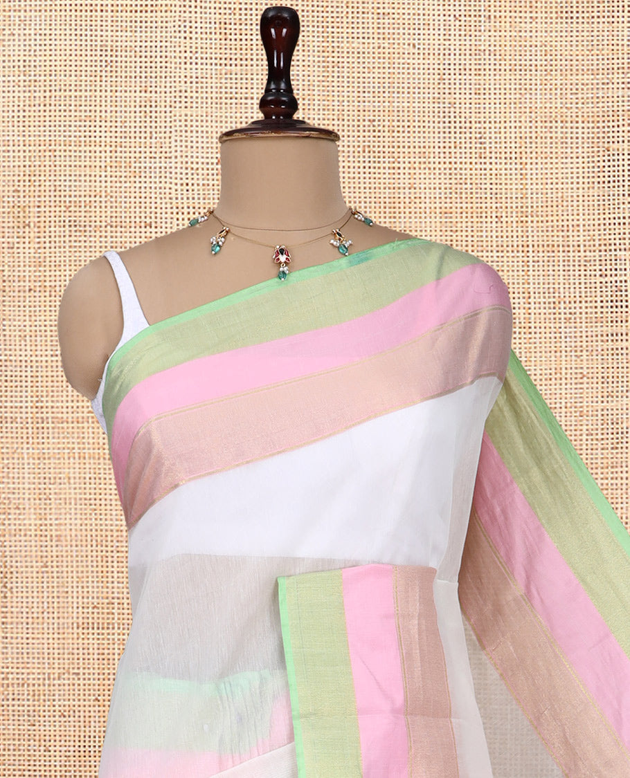 Cream Plain Chanderi Cotton Saree, Complemented by a Contrast Tri-Color Zari Border, and a Contrast Blouse