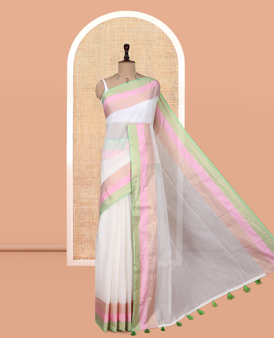 Cream Plain Chanderi Cotton Saree, Complemented by a Contrast Tri-Color Zari Border, and a Contrast Blouse