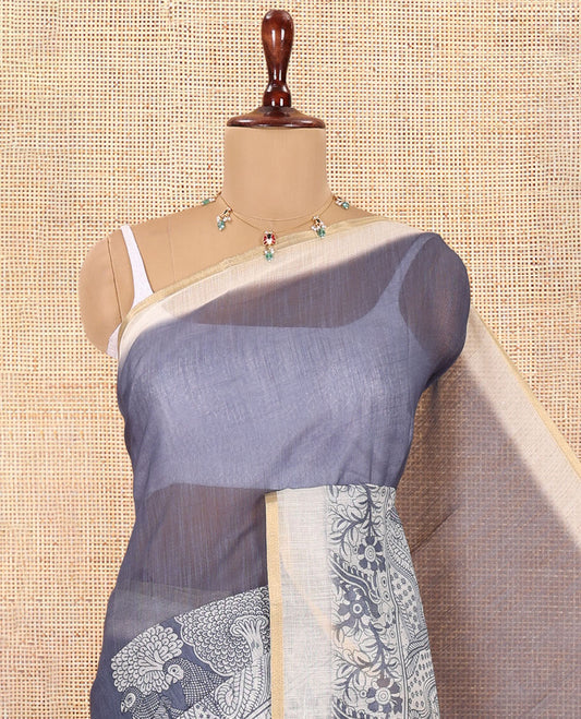 Grey Linen Cotton Saree, Ornamented with Kalamkari Floral-Bird Print, Contrast Border, Kalamkari Peacock Pallu, a Contrast Blouse