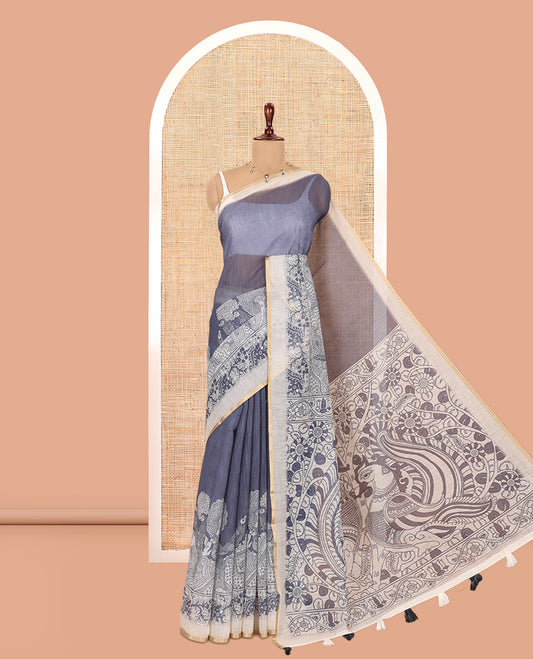 Grey Linen Cotton Saree, Ornamented with Kalamkari Floral-Bird Print, Contrast Border, Kalamkari Peacock Pallu, a Contrast Blouse