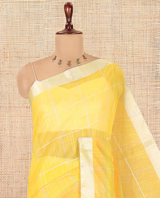 Yellow Checked Nuni Cotton Saree, a Zari Border, Contrast Plain Pallu, and Contrast Blouse