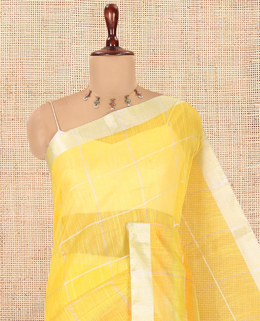 Yellow Checked Nuni Cotton Saree, a Zari Border, Contrast Plain Pallu, and Contrast Blouse