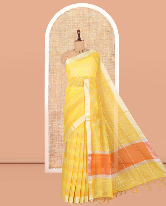 Yellow Checked Nuni Cotton Saree, a Zari Border, Contrast Plain Pallu, and Contrast Blouse