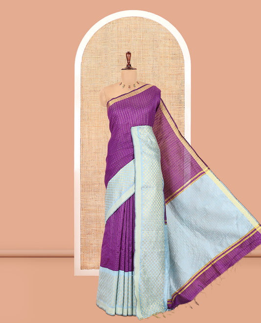 Violet Semi-Raw Silk Saree, Enriched with Butta Enclosed Checks, a Contrast Checked Border, Checked Pallu, a Contrast Blouse