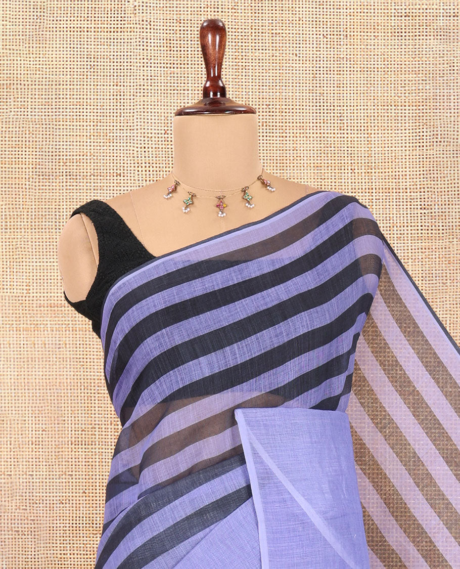 Borderless Lavender Linen Cotton Saree, Decked Up with Stripes, a Self-Pallu of Stripes, and a Contrast Blouse