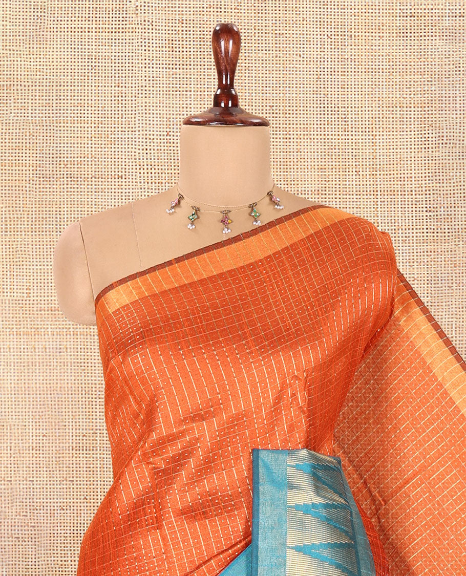 Rust Orange-Blue Semi-Raw Silk Saree