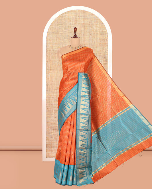 Rust Orange-Blue Semi-Raw Silk Saree