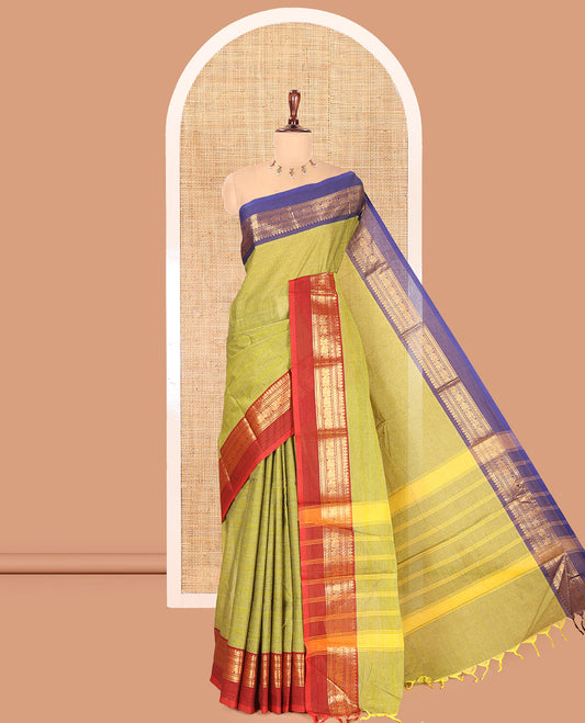 Parrot Green Plain Chettinad Cotton Saree
