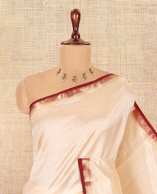 Cream-Maroon Plain Art Tussar Saree