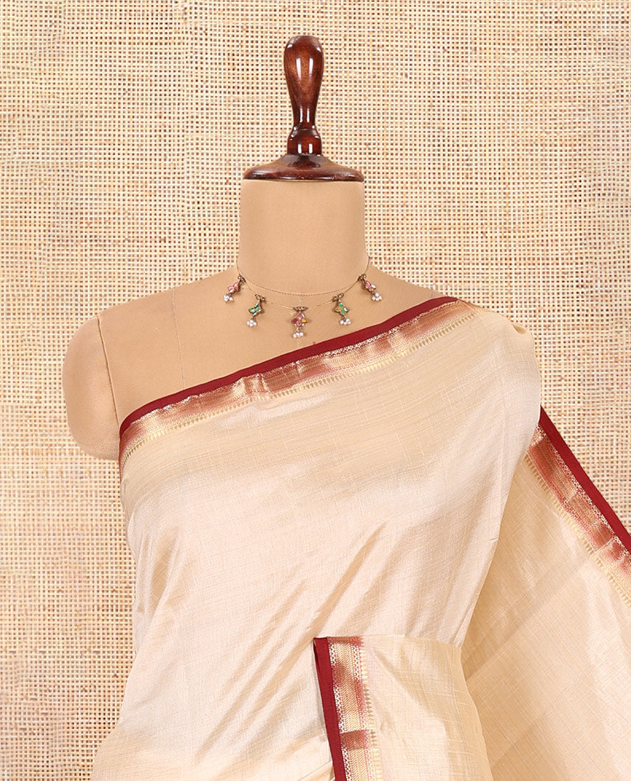 Cream-Maroon Plain Art Tussar Saree