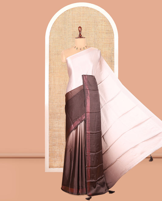 Cream-Coffee Brown Plain Ombre-Style Satin Crepe Saree
