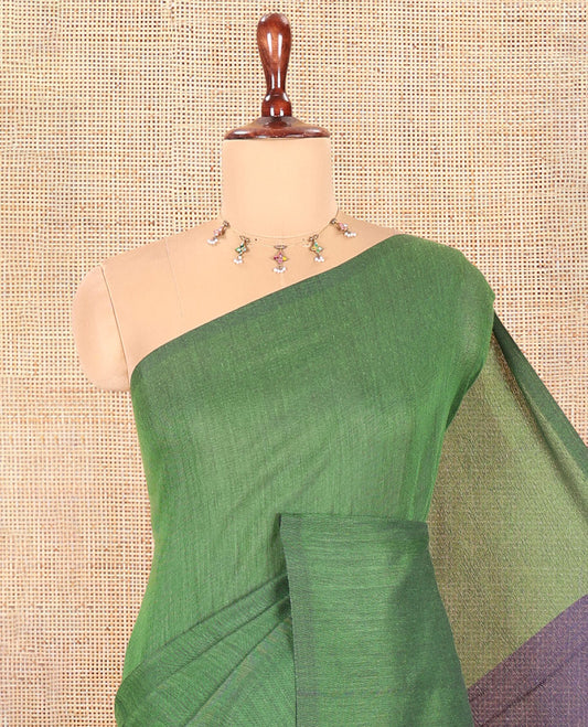 Borderless Green-Navy Blue Plain Khadi Cotton Saree