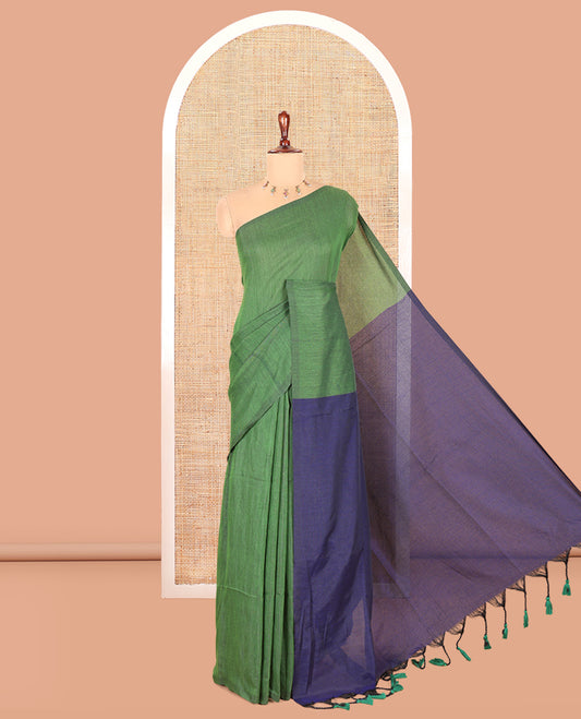 Borderless Green-Navy Blue Plain Khadi Cotton Saree