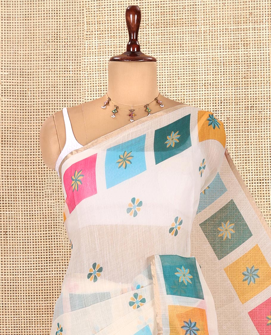 Cream-Yellow Linen Cotton Saree