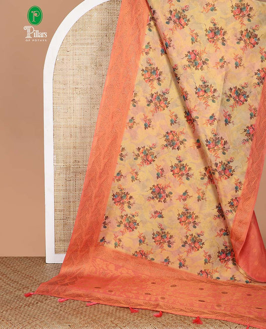 Yellow with pink zari weaving with digital printed, swarovski stone work mulberry tissue saree, jacquard, swarovski stone work border & rich weaving pallu along with butta design blouse