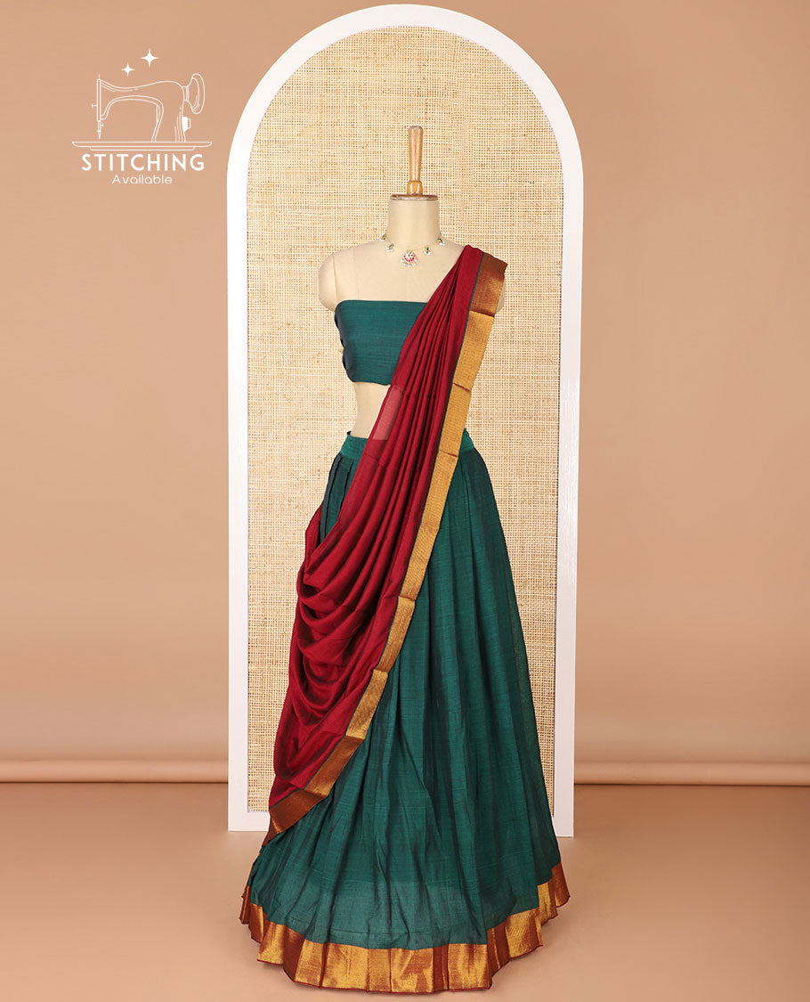 Green mercerised cotton daman zari border half saree with cotton blouse & skya georgette one side zari border dhavani