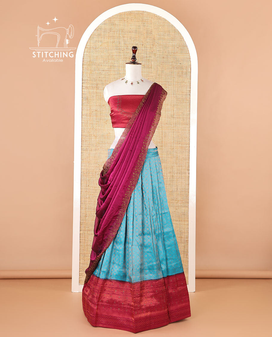 Blue banaras softy half-saree, brocade skirt, contrast traditional border, brocade blouse & stonework scallop georgette dhavani