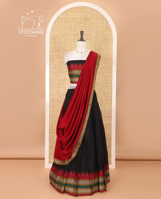 Black mercedised cotton half-saree, contrast traditional resham thread border skirt, matching blouse & contrast maroon thread border georgette dhavani