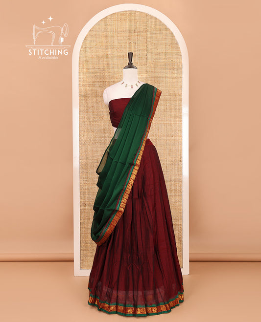 Maroon mercerized cotton half-saree, plain & contrast peacock motifs gold zari temple border skirt, matching blouse & temple zari border vichitra silk dhavani