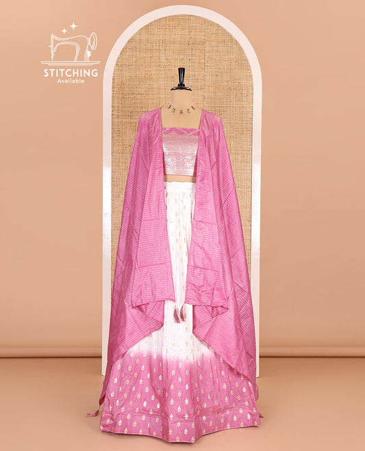 White-onion pink half-saree, zari buttas with contrast bordered nylon viscose crepe skirt, a jaal jacquard design Vichitra silk blouse, and a contrast striped Vichitra silk dhavani