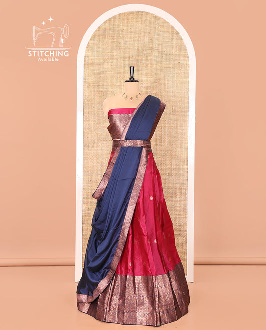 Pink and Blue Semi-Banarasi Half-Saree, Detailed with Zari Buttas on Its Skirt, Complemented by a Contrast Traditional Zari-Design Border, Paired with a Matching Blouse, and a Contrast Satin Georgette Zari-Bordered Dhavani