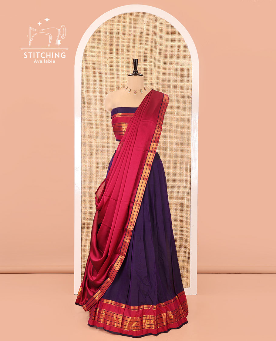 Deep Violet-Rani Pink Mercerised Cotton Half-Saree Features Plain with Contrast Traditional Zari Varisai Pettu Annam-Motif Bordered Skirt, Paired with a Matching Blouse, and Comes with a Contrast Zari-Bordered Dhavani