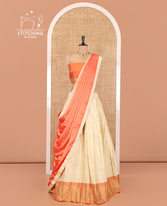 Cream-Orange Taffeta Silk Half-Saree Featuring Buttas Skirt, Contrast Border, Contrast Blouse, Contrast Plain Dhavani