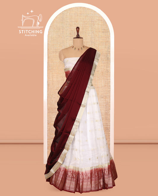 Cream-Red Organza Half-Saree Features Zari Buttas Skirt, Contrast Traditional Border, Matching Blouse, Contrast Dhavani