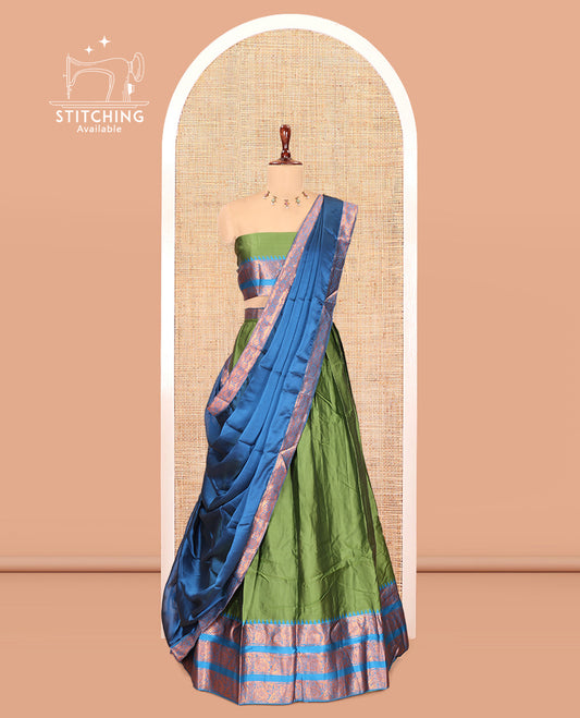 Green-Rama Blue Semi-Banarasi Half-Saree Features Plain Skirt, Contrast Floral Creeper Zari Border, Matching Blouse, Contrast Dhavani