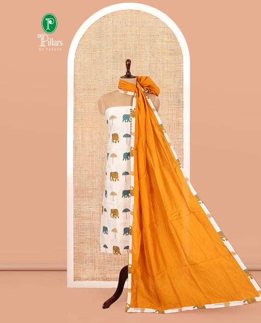 Cream-Mustard Material Chudidar Features an Elephant-Umbrella Printed Top, a Contrast Bottom, Contrast Bordered Dupatta