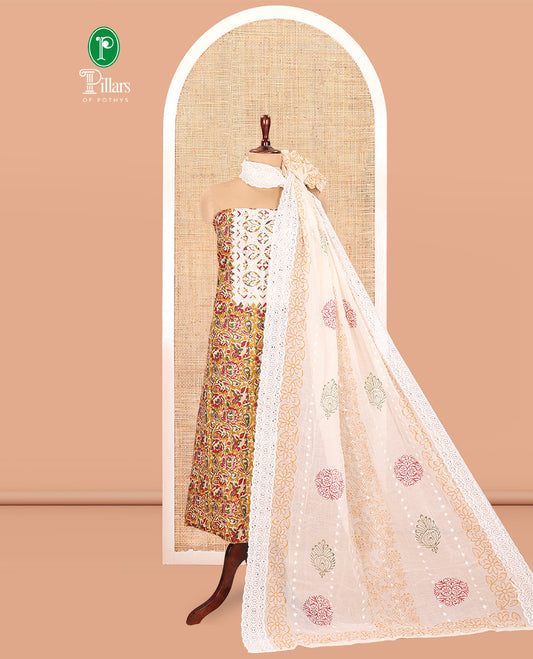 Mustard Cotton Material Chudidar, Floral Printed Hakoba Top, a Contrast Bottom, Print-Hakoba Dupatta