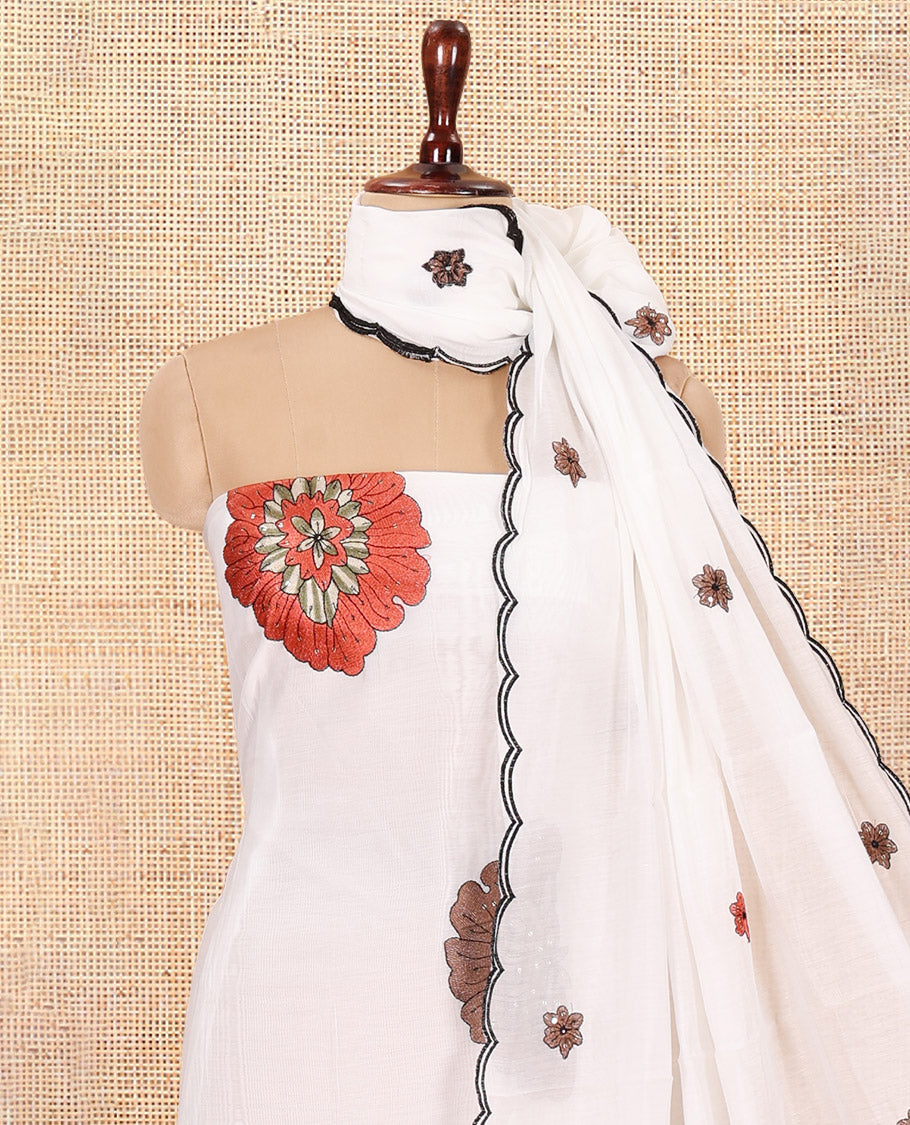 Cream-Rust Mul Chanderi Material Chudidar, Floral Embroidery Top, Matching Bottom, Floral Embroidery Dupatta
