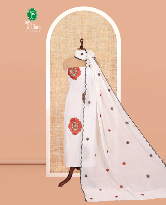 Cream-Rust Mul Chanderi Material Chudidar, Floral Embroidery Top, Matching Bottom, Floral Embroidery Dupatta