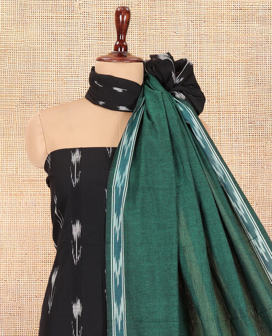 Black-Green Pure Cotton Saree Material Chudidar Ikat Buttas Top, a Contrast Bottom, and Ikat Buttas Dupatta