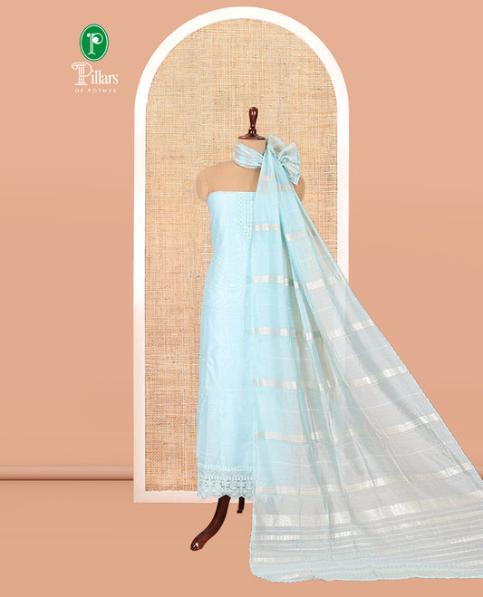 Blue Mul Chanderi Material Chudiddar, Embroidered Top, Plain Bottom, Zari Striped Dupatta